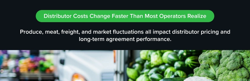 Foodservice cost management graphic with fresh produce and delivery truck imagery, representing changing distributor pricing and market fluctuations impacting restaurant operators.