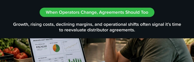 Restaurant procurement analytics graphic showing produce cost analysis dashboards and operational reporting used to evaluate distributor agreements and purchasing performance.