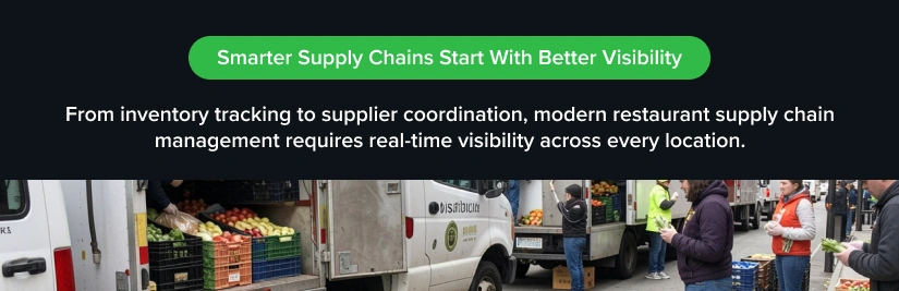 Restaurant supply chain management graphic showing foodservice delivery trucks and produce distribution activity, representing real-time visibility and supplier coordination across restaurant locations.