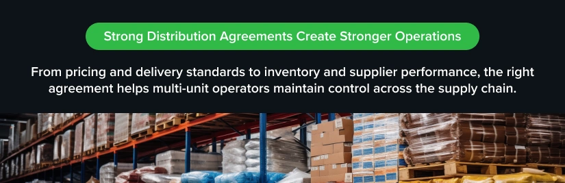 Restaurant warehouse and distribution graphic showing inventory storage and supply chain operations, representing strong distribution agreements and operational control for multi-unit restaurant operators.