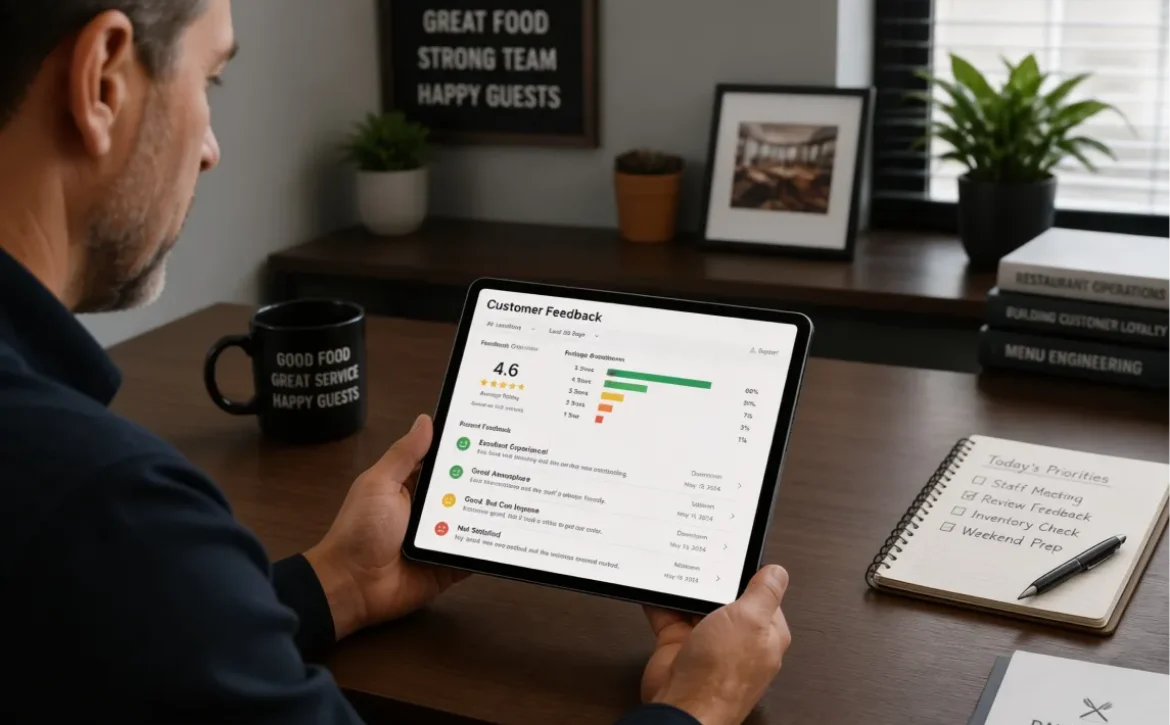 Restaurant operator reviewing customer feedback and performance data on a tablet while working at a desk, representing data-driven decision-making in hospitality.
