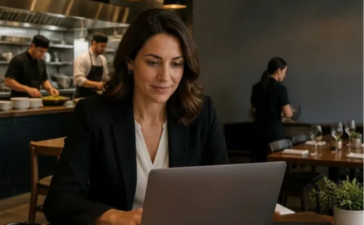 Restaurant manager using food procurement software to improve purchasing across multiple locations