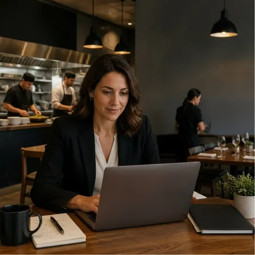 Restaurant manager using food procurement software to improve purchasing across multiple locations