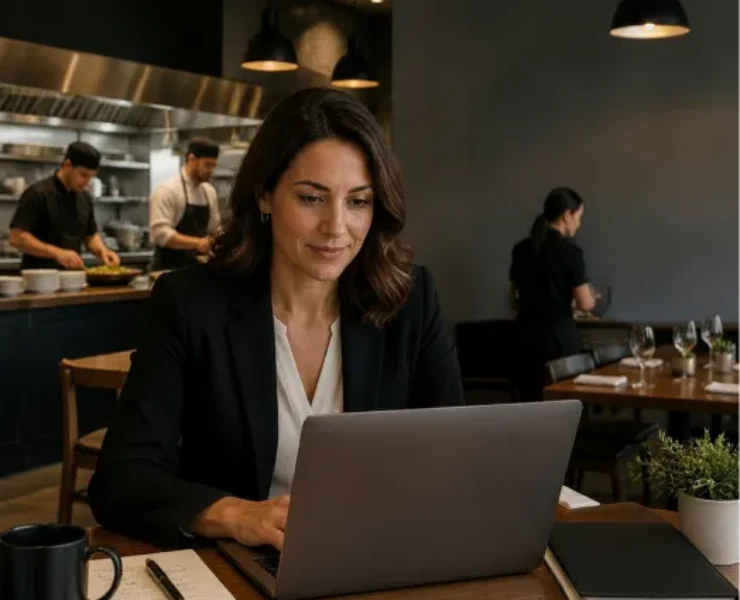 Restaurant manager using food procurement software to improve purchasing across multiple locations