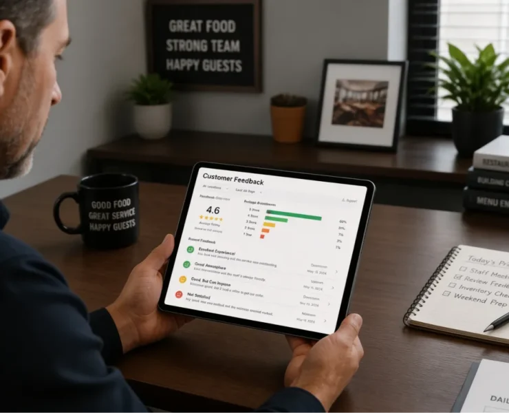 Restaurant operator reviewing customer feedback and performance data on a tablet while working at a desk, representing data-driven decision-making in hospitality.