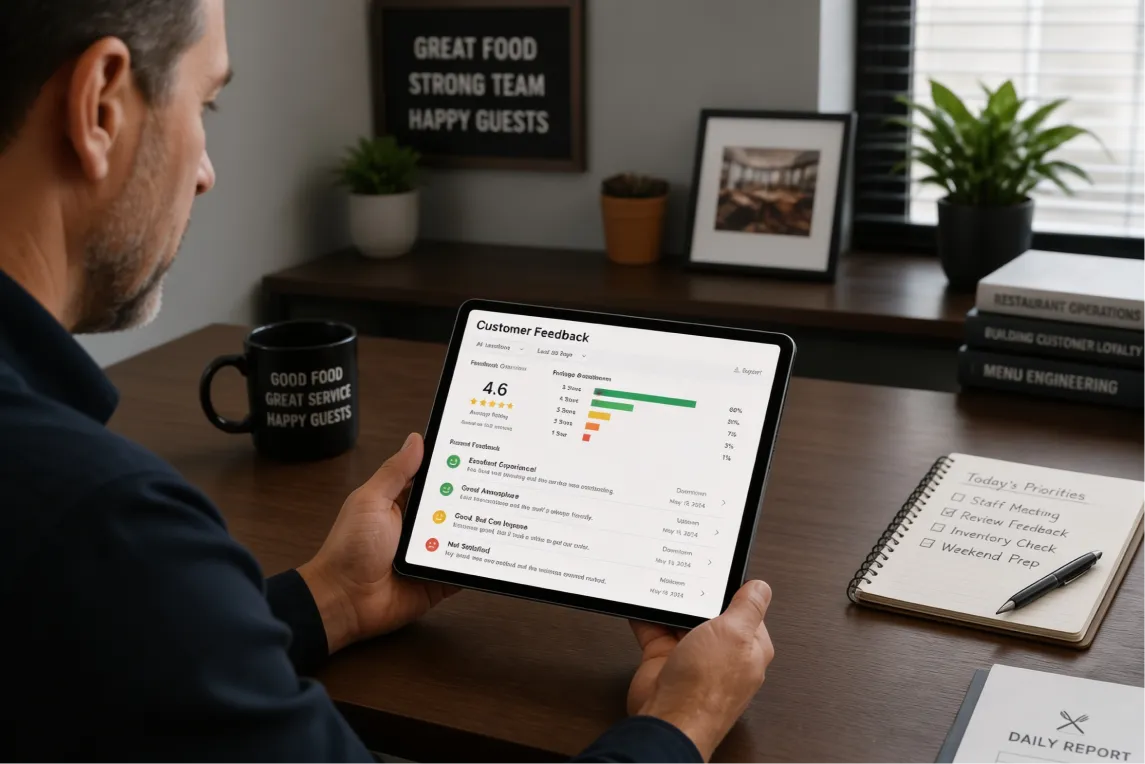 Restaurant operator reviewing customer feedback and performance data on a tablet while working at a desk, representing data-driven decision-making in hospitality.