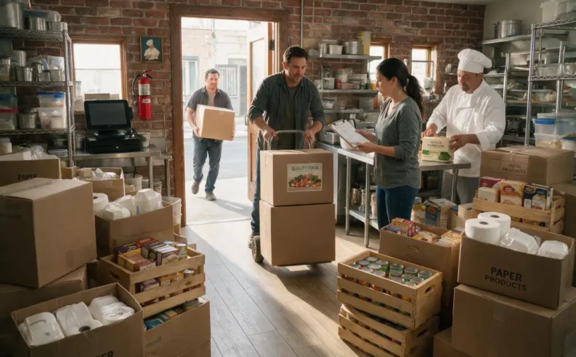 Restaurant kitchen staff carrying boxes of bulk food ingredients and supplies