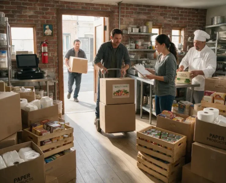 Restaurant kitchen staff carrying boxes of bulk food ingredients and supplies