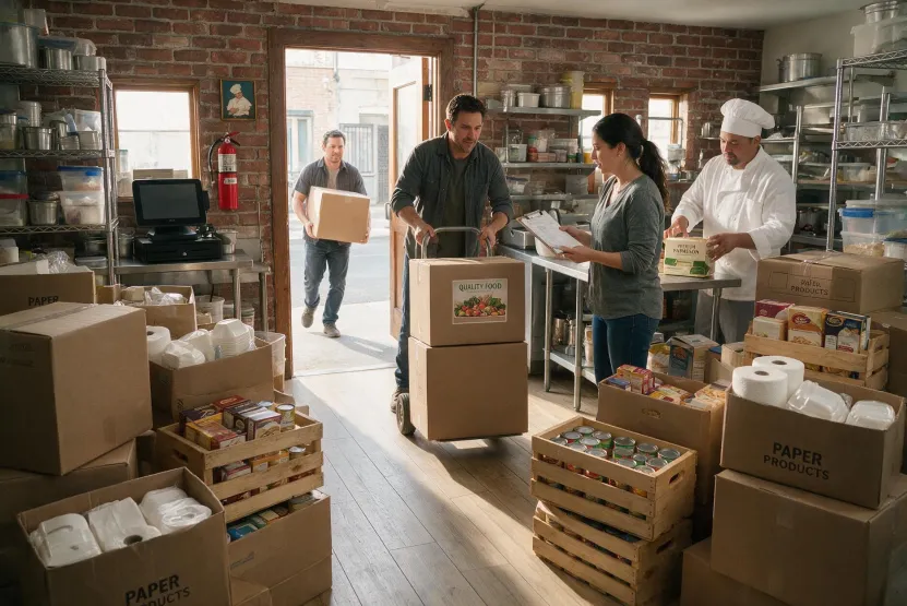 Restaurant kitchen staff carrying boxes of bulk food ingredients and supplies