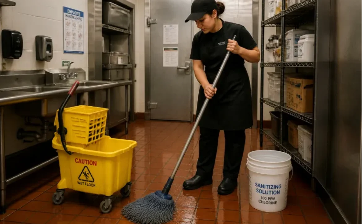 Restaurant kitchen employee mopping floor with sanitizer bucket