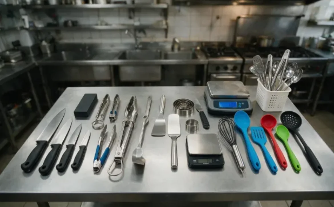 Professional kitchen knives, tongs, spatulas, scales, and utensils for a multi-unit restaurant equipment checklist.