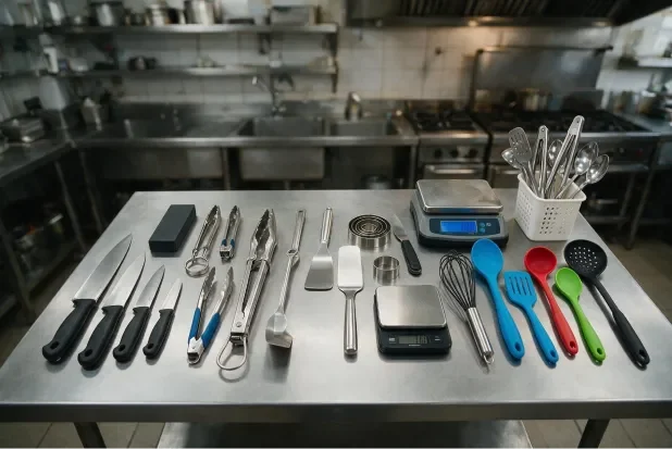 Professional kitchen knives, tongs, spatulas, scales, and utensils for a multi-unit restaurant equipment checklist.