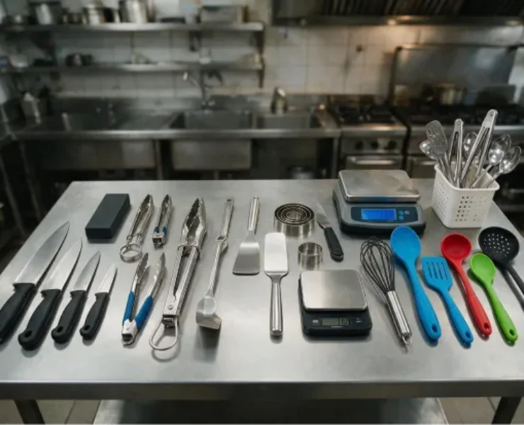 Professional kitchen knives, tongs, spatulas, scales, and utensils for a multi-unit restaurant equipment checklist.
