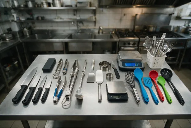 Professional kitchen knives, tongs, spatulas, scales, and utensils for a multi-unit restaurant equipment checklist.