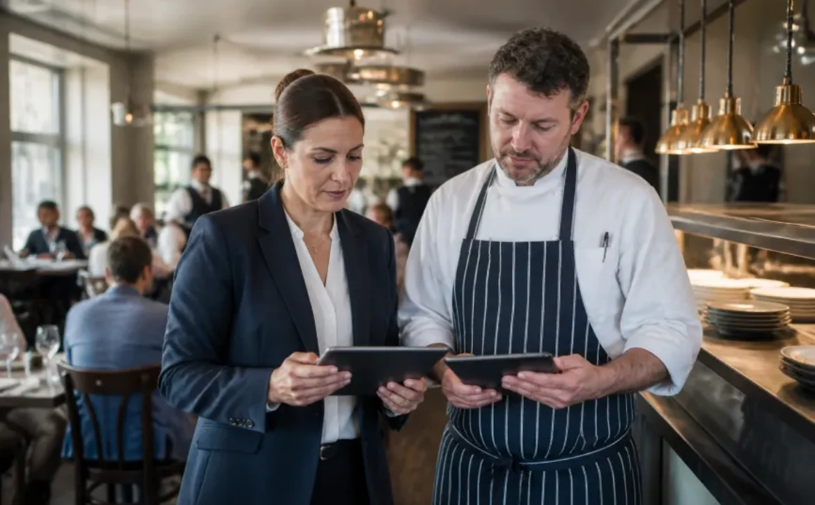 Restaurant manager and executive chef reviewing food cost and labor metrics on digital tablets