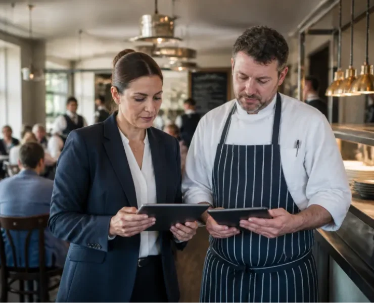 Restaurant manager and executive chef reviewing food cost and labor metrics on digital tablets
