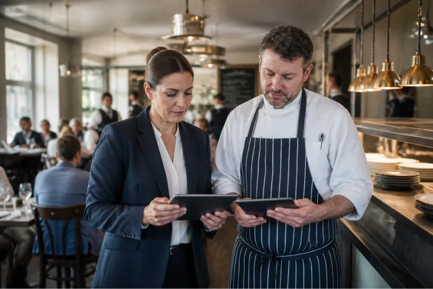 Restaurant manager and executive chef reviewing food cost and labor metrics on digital tablets