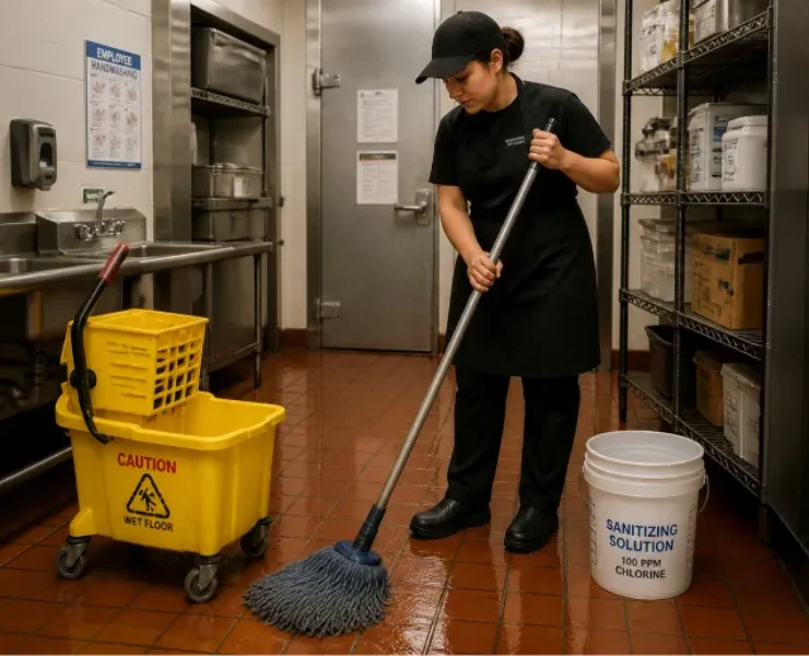 Restaurant kitchen employee mopping floor with sanitizer bucket