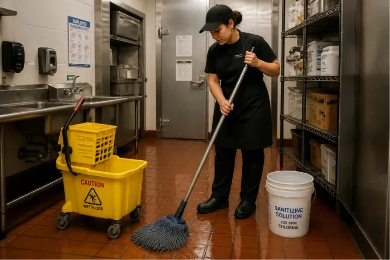 Restaurant kitchen employee mopping floor with sanitizer bucket