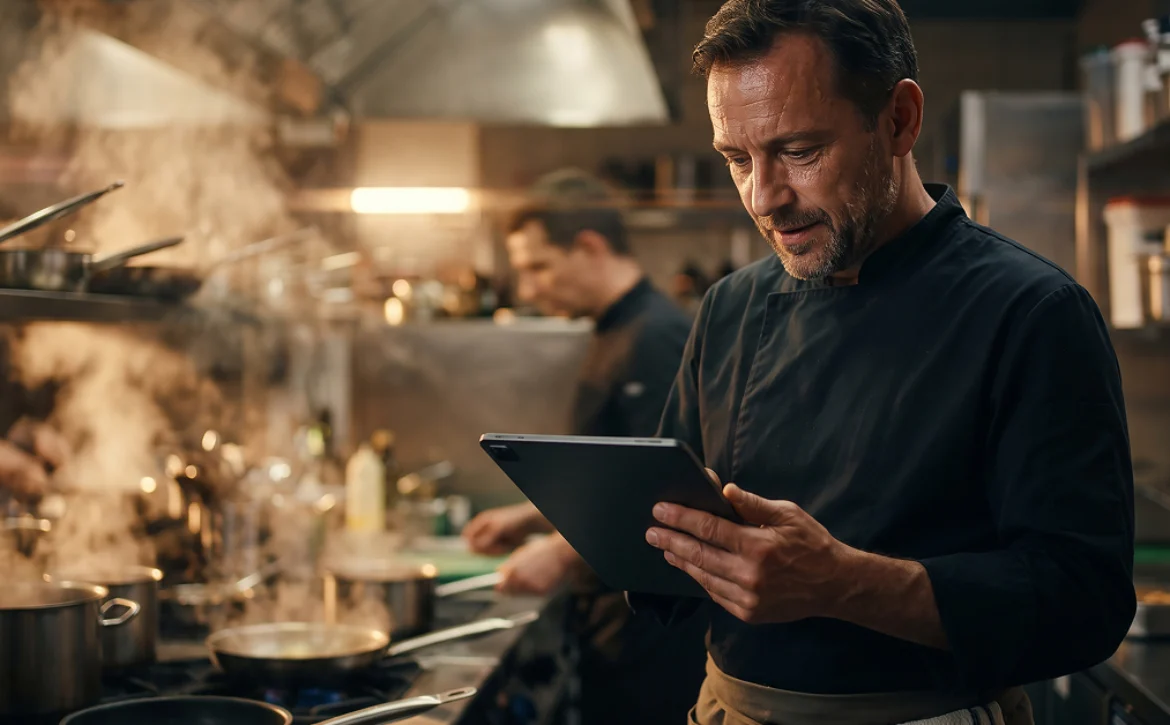 Chef reviewing food purchasing information on a tablet in a busy commercial restaurant kitchen