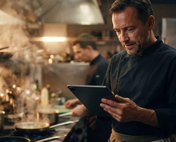 Chef reviewing food purchasing information on a tablet in a busy commercial restaurant kitchen