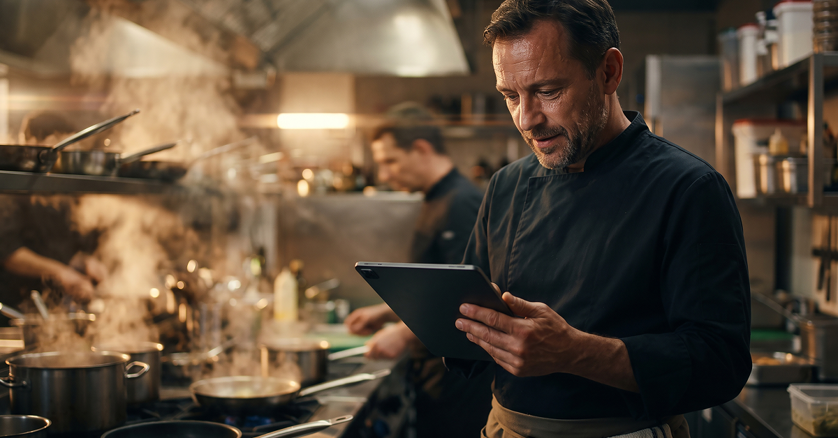 Chef reviewing food purchasing information on a tablet in a busy commercial restaurant kitchen
